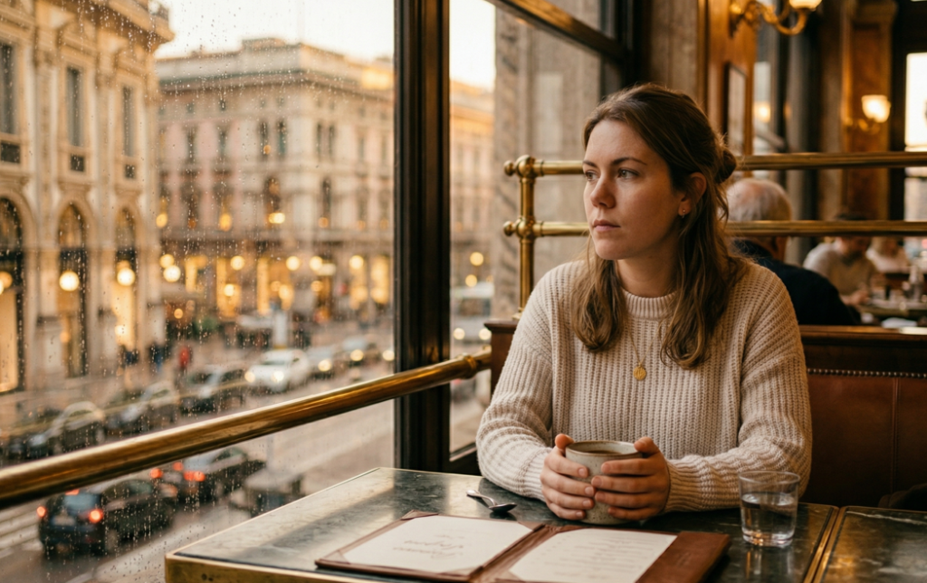 A reflective woman in a classic café by a window, featuring an autumnal atmosphere with blurred city lights and warm sunset tones.