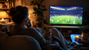 Woman watching a World Cup football match alone in a warm, quiet living room