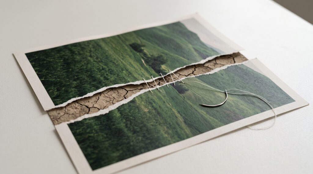 A torn landscape photograph revealing cracked earth, carefully closed with surgical sutures: a conceptual image of climate anxiety and care