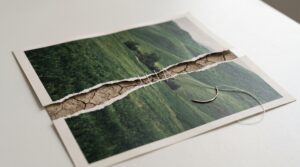 A torn landscape photograph revealing cracked earth, carefully closed with surgical sutures: a conceptual image of climate anxiety and care