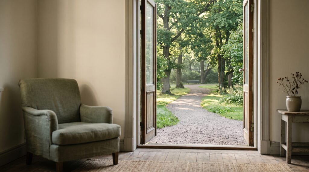 An open doorway from a quiet therapy room to a sunlit city park, illustrating nature and mental health